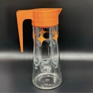 Vintage MCM TANG Anchor Hocking Glass Juice Pitcher Carafe w/ Orange Flip Lid